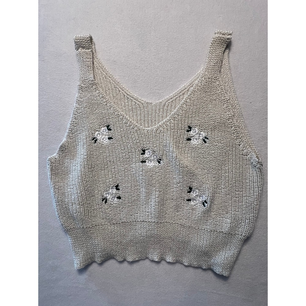 1XL Knit Tank Top Cottagecore Floral Embroidery Cream V-Neck Crop Vest Academia